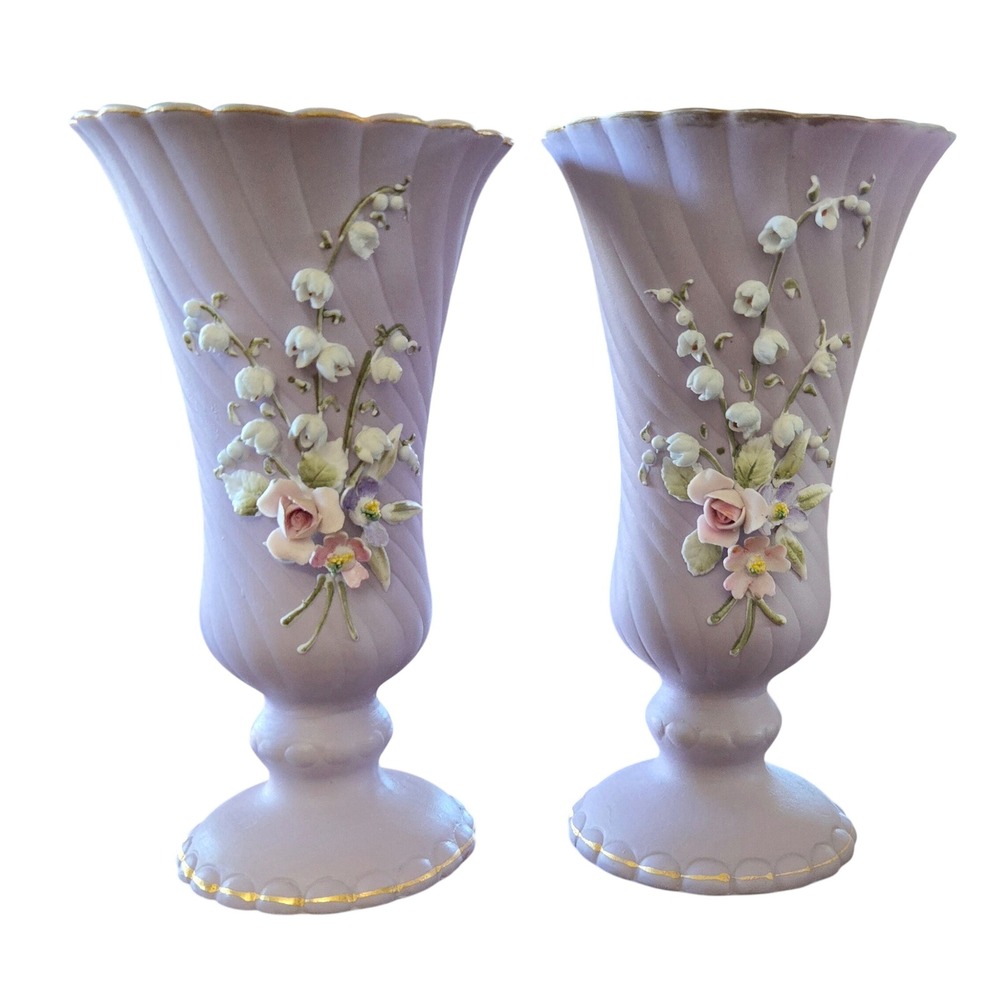 Pair of Vintage Lefton China Lavender Floral Bud Vases 3D Porcelain Rose Lily 7"